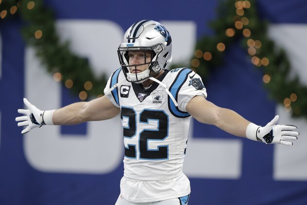 Carolina Panthers running back Christian McCaffrey (22) warms up before an NFL football game against the Carolina Panthers, Sunday, Dec. 22, 2019, in Indianapolis. (AP Photo/Michael Conroy)