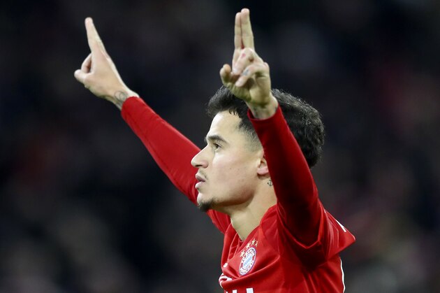 Bayern's Philippe Coutinho celebrates after scoring his side's third goal during the German Bundesliga soccer match between FC Bayern Munich and SV Werder Bremen in Munich, Germany, Saturday, Dec. 14, 2019. (AP Photo/Matthias Schrader)