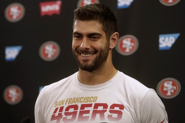 San Francisco 49ers quarterback Jimmy Garoppolo speaks during a news conference at the team's NFL football training facility in Santa Clara, Calif., Thursday, Jan. 23, 2020. The 49ers will face the Kansas City Chiefs in Super Bowl 54. (AP Photo/Jeff Chiu)