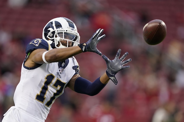 Los Angeles Rams wide receiver Robert Woods (17) warms up before an NFL football game against the San Francisco 49ers in Santa Clara, Calif., Saturday, Dec. 21, 2019. (AP Photo/Tony Avelar)