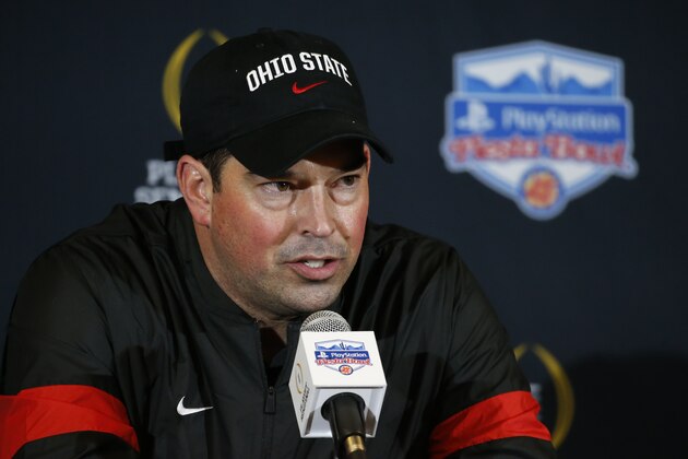 Ohio State coach Ryan Day speaks during a news conference after Clemson's 29-23 win in the Fiesta Bowl NCAA college football playoff semifinal Saturday, Dec. 28, 2019, in Glendale, Ariz. (AP Photo/Ross D. Franklin)