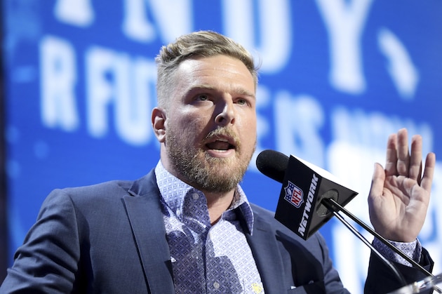 FILE - In this April 26, 2019, file photo, Former Indianapolis Colts player Pat McAfee announces the Colts' third round pick at the NFL football draft, in Nashville, Tenn. The former Indianapolis Colts punter had his  talk show debut Monday morning, Sept. 9, 2019, on DAZN in the U.S. and Canada as well as Westwood One radio in 40 cities. This is in addition to calling Thursday night college football. (AP Photo/Gregory Payan, File)