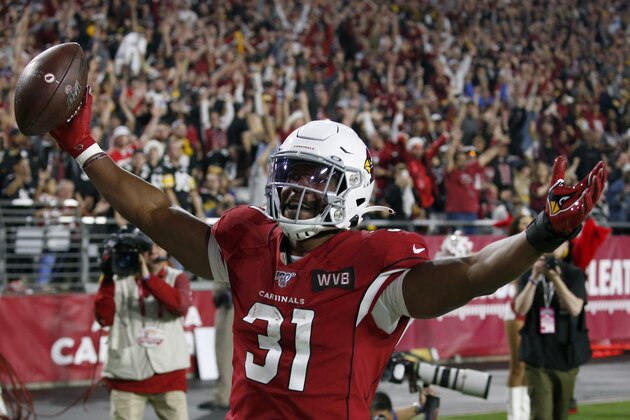 Arizona Cardinals running back David Johnson (31) celebrates his touchdown catch against the Pittsburgh Steelers during the second half of an NFL football game, Sunday, Dec. 8, 2019, in Glendale, Ariz. (AP Photo/Ross D. Franklin)
