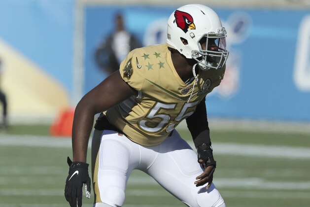 NFC Chandler Jones of the Arizona Cardinals is seen in coverage during the NFL Pro Bowl football game, Sunday, January 26, 2020, in Orlando, Fla. (AP Photo/Gregory Payan)