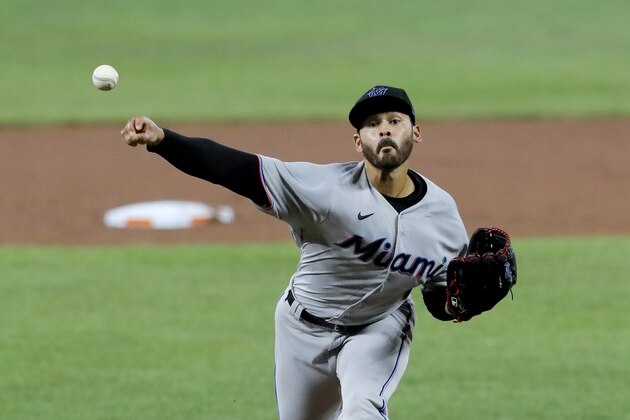 Miami Marlins starting pitcher Pablo Lopez throws a pitch to the Baltimore Orioles during the first inning of a baseball game, Tuesday, Aug. 4, 2020, in Baltimore, Md. (AP Photo/Julio Cortez)