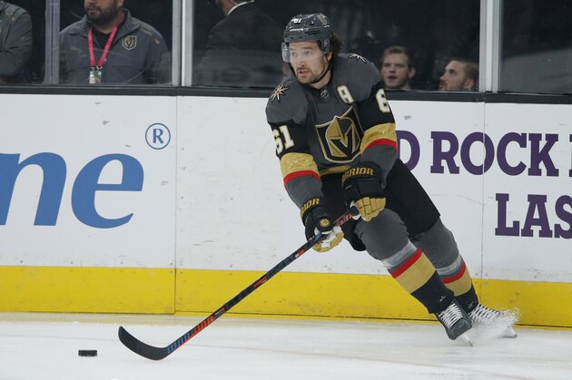 Vegas Golden Knights right wing Mark Stone (61) plays against the Anaheim Ducks in an NHL hockey game Tuesday, Dec. 31, 2019, in Las Vegas. (AP Photo/John Locher)