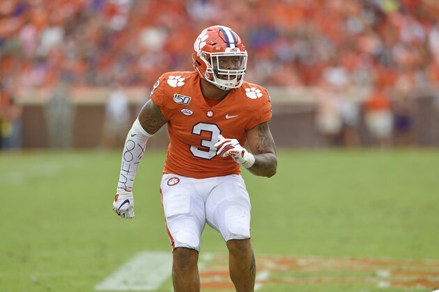 Clemson's Xavier Thomas reacts to a play during the first half of an NCAA college football game against Florida State Saturday, Oct. 12, 2019, in Clemson, S.C. (AP Photo/Richard Shiro)