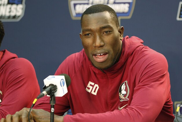 Florida State center Michael Ojo, of Nigeria, speaks during a news conference, Friday, March 17, 2017 in Orlando, Fla. Florida State will play Xavier in the second round of the NCAA college basketball tournament Saturday in Orlando. (AP Photo/Wilfredo Lee)