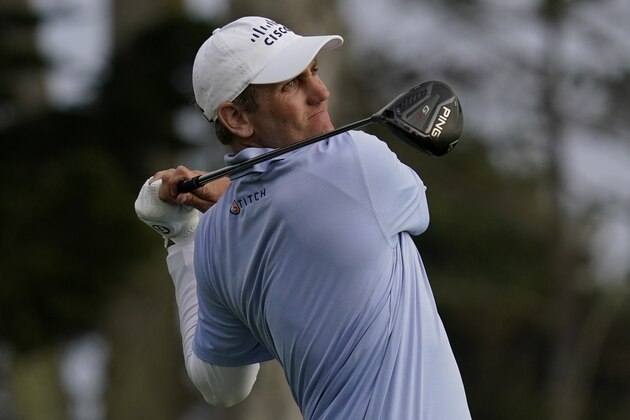 Brendon Todd watches his tee shot on the ninth hole during the first round of the PGA Championship golf tournament at TPC Harding Park Thursday, Aug. 6, 2020, in San Francisco. (AP Photo/Jeff Chiu)
