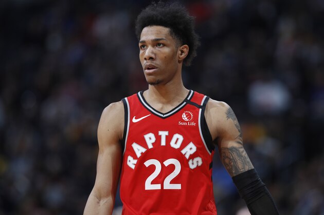 Toronto Raptors forward Patrick McCaw (22) in the second half of an NBA basketball game Sunday, March 1, 2020. The Nuggets won 133-118. (AP Photo/David Zalubowski)