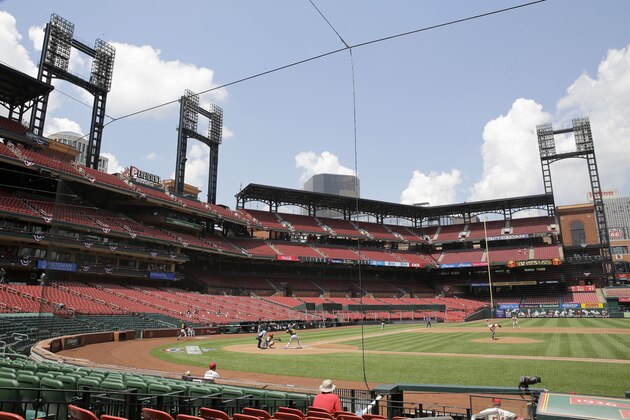 In this general view of Busch Stadium the St. Louis Cardinals play the Pittsburgh Pirates without fans in the stands during the third inning of a baseball game Saturday, July 25, 2020, in St. Louis. (AP Photo/Jeff Roberson)