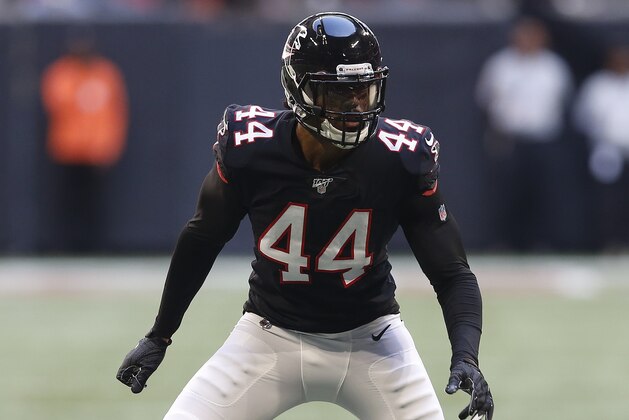 Atlanta Falcons defensive lineman Vic Beasley, Jr. (44) defends in a week 7 NFL football game against the Seattle Seahawks, Sunday, Sep. 27, 2019 in Atlanta. (Michael Zarrilli/AP Images for Panini, via AP)