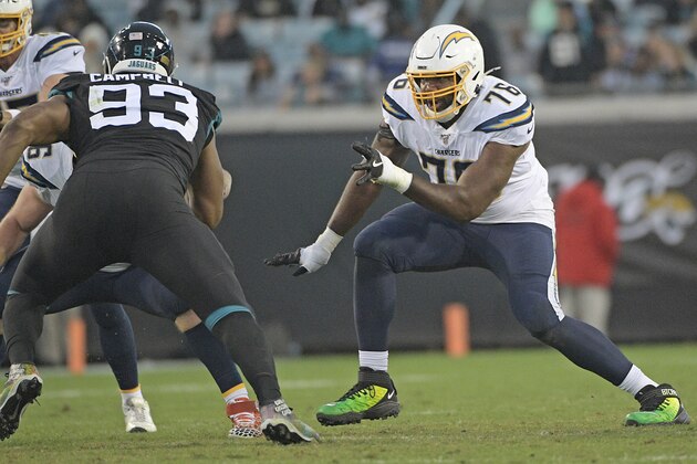 Los Angeles Chargers offensive tackle Russell Okung (76) looks to block Jacksonville Jaguars defensive end Calais Campbell (93) during the first half of an NFL football game, Sunday, Dec. 8, 2019, in Jacksonville, Fla. (AP Photo/Phelan M. Ebenhack)