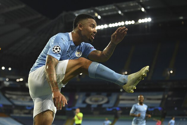 Manchester City's Gabriel Jesus celebrates after scoring his side's second goal during the Champions League, round of 16, second leg soccer match between Manchester City and Real Madrid at the Etihad Stadium in Manchester, England, Friday, Aug. 7, 2020. (Oli Scarff/Pool Photo via AP)