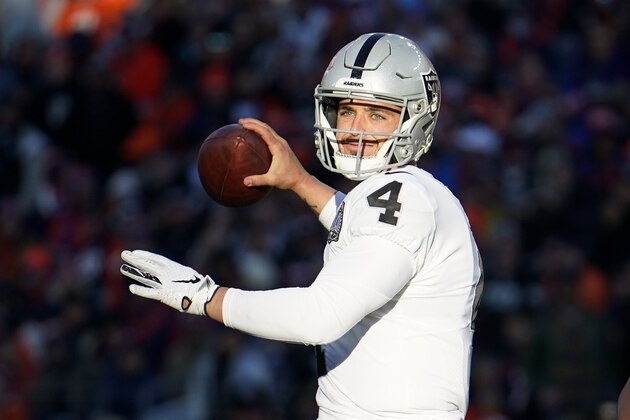 Oakland Raiders quarterback Derek Carr (4) throws a pass during the first half of an NFL football game against the Denver Broncos, Sunday, Dec. 29, 2019, in Denver. (AP Photo/Jack Dempsey)