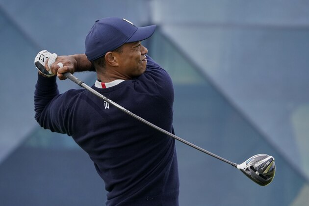 Tiger Woods watches his tee shot on the seventh hole during the second round of the PGA Championship golf tournament at TPC Harding Park Friday, Aug. 7, 2020, in San Francisco. (AP Photo/Charlie Riedel)
