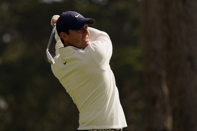Rory McIlroy of Northern Ireland, watches his tee shot on the eighth hole during the second round of the PGA Championship golf tournament at TPC Harding Park Friday, Aug. 7, 2020, in San Francisco. (AP Photo/Jeff Chiu)