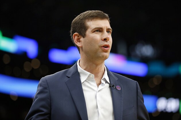 Boston Celtics head coach Brad Stevens reacts to a call during the first half of an NBA basketball game against the Philadelphia 76ers in Boston, Saturday, Feb. 1, 2020. (AP Photo/Michael Dwyer)