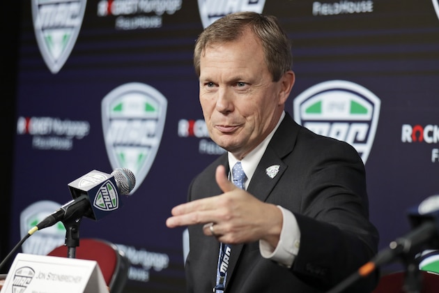 FILE - In this March 12, 2020, file photo, Mid-American Conference commissioner Jon Steinbrecher speaks to the mediain Cleveland. Aiming to recruit and engage more competitive video gamers, a dozen schools in the Mid-American Conference are creating a standalone esports conference to offer structured competition without the extensive rules that govern intercollegiate athletics. “There’s boatloads of kids out there that want to do this – well, they’re doing it already,” MAC Commissioner Jon Steinbrecher said. “And so to have some level of organization that provides for regular competitive opportunities that are well-run, on a regular basis, we think will give our schools a leg up in terms of attracting these students to their campuses.” (AP Photo/Tony Dejak, File)