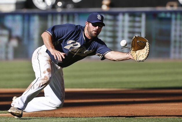San Diego Padres first baseman Cody Decker fields a hard hit ball during infield practice prior to a baseball game against the Milwaukee Brewers Tuesday, Sept. 29, 2015, in San Diego.  (AP Photo/Lenny Ignelzi)