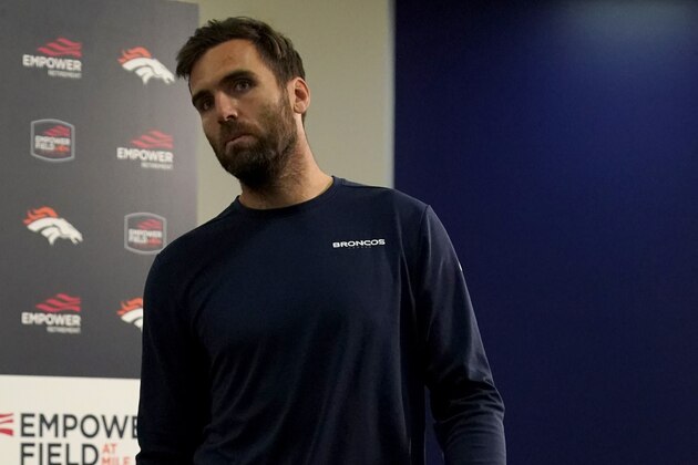 Denver Broncos quarterback Joe Flacco leaves the interview room after an NFL football game against the Kansas City Chiefs, Thursday, Oct. 17, 2019, in Denver. The Chiefs won 30-6. (AP Photo/Jack Dempsey)