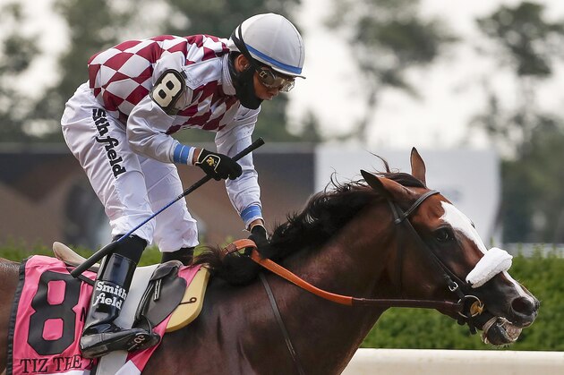 Jockey Manny Franco reacts after winning the 152nd running of the Belmont Stakes horse race atop Tiz the Law, Saturday, June 20, 2020, in Elmont, N.Y. (AP Photo/Seth Wenig)