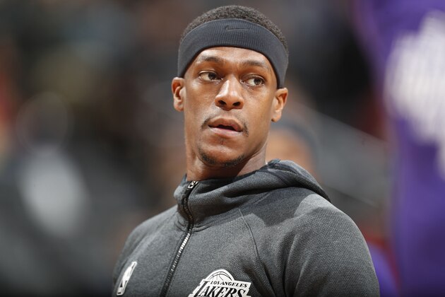 Los Angeles Lakers guard Rajon Rondo (9) in the first half of an NBA basketball game Wednesday, Feb. 12, 2020, in Denver. (AP Photo/David Zalubowski)