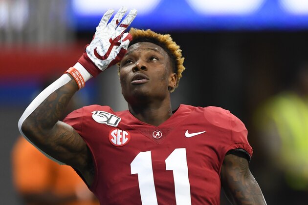Alabama wide receiver Henry Ruggs III gestures during warmups for an NCAA football game against Duke on Saturday, Aug. 31, 2019 in Atlanta. (AP Photo/John Amis)
