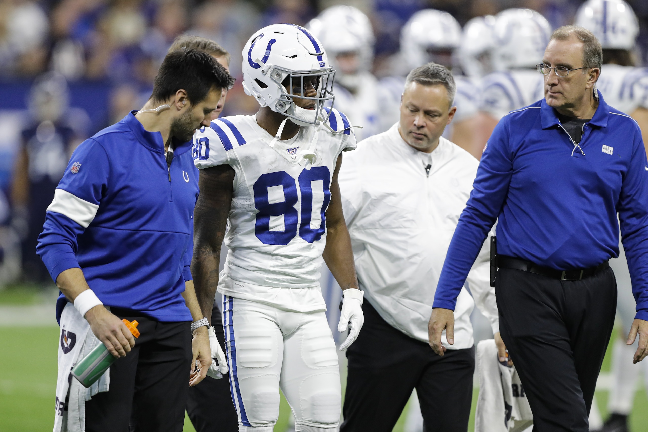 Indianapolis Colts wide receiver Chester Rogers (80) is taken off the field after being injured during the first half of an NFL football game against the Tennessee Titans in Indianapolis, Sunday, Dec. 1, 2019. (AP Photo/Darron Cummings) Indianapolis Colts wide receiver Chester Rogers (80) is taken off the field after being injured during the first half of an NFL football game against the Tennessee Titans in Indianapolis, Sunday, Dec. 1, 2019. (AP Photo/Darron Cummings)