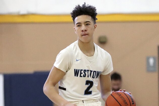 Westttown School's Jalen Warley #2 in action against Brewster Academy during a high school basketball game on Sunday, January 13, 2019 in the Bronx, NY. (AP Photo/Gregory Payan)