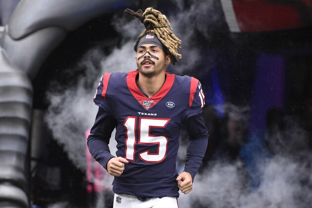 Houston Texans wide receiver Will Fuller (15) before an NFL football game against the Atlanta Falcons Sunday, Oct. 6, 2019, in Houston. (AP Photo/Eric Christian Smith)