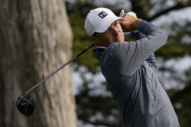 Jordan Spieth watches his tee shot on the 14th hole during the second round of the PGA Championship golf tournament at TPC Harding Park Friday, Aug. 7, 2020, in San Francisco. (AP Photo/Jeff Chiu)