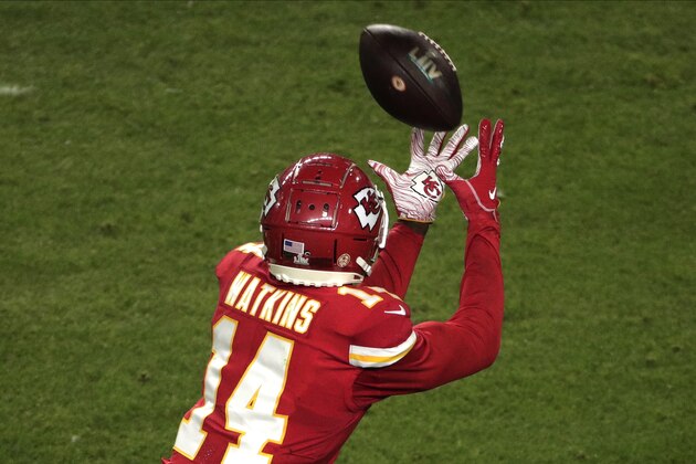 Kansas City Chiefs' Sammy Watkins (14) catches a pass, during the second half of the NFL Super Bowl 54 football game against the San Francisco 49ers, Sunday, Feb. 2, 2020, in Miami Gardens, Fla. (AP Photo/Charlie Riedel)
