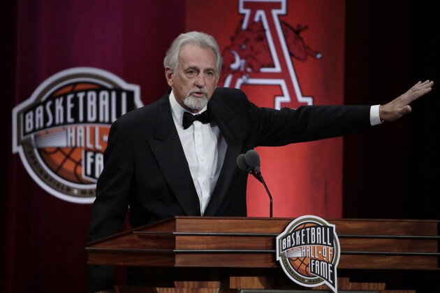 Inductee Paul Westphal speaks at the Basketball Hall of Fame enshrinement ceremony Friday, Sept. 6, 2019, in Springfield, Mass. (AP Photo/Elise Amendola)