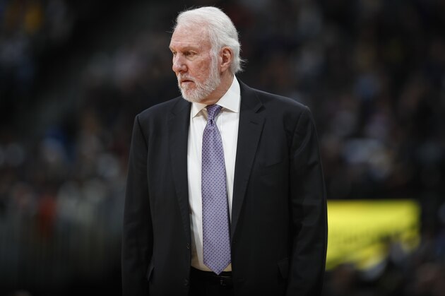 San Antonio Spurs head coach Gregg Popovich in the second half of an NBA basketball game Monday, Feb.10, 2020, in Denver. The Nuggets won 127-120. (AP Photo/David Zalubowski)
