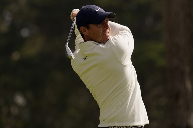 Rory McIlroy of Northern Ireland, watches his tee shot on the eighth hole during the second round of the PGA Championship golf tournament at TPC Harding Park Friday, Aug. 7, 2020, in San Francisco. (AP Photo/Jeff Chiu)