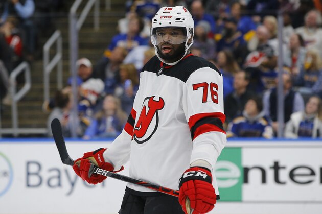 New Jersey Devils' P.K. Subban is seen while there is a break in play during an NHL hockey game against the St. Louis Blues Tuesday, Feb. 18, 2020, in St. Louis. (AP Photo/Billy Hurst)