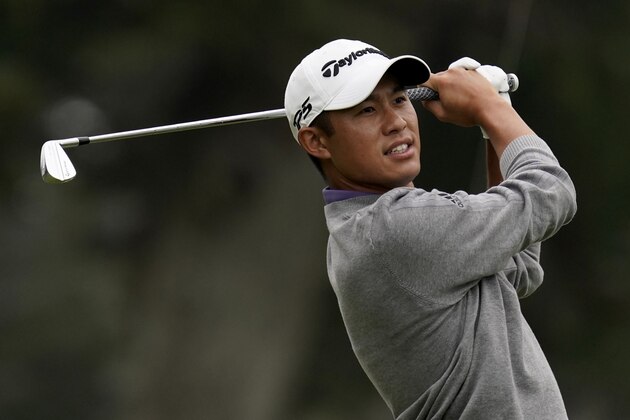 Collin Morikawa watches his tee shot on the third hole during the final round of the PGA Championship golf tournament at TPC Harding Park Sunday, Aug. 9, 2020, in San Francisco. (AP Photo/Jeff Chiu)