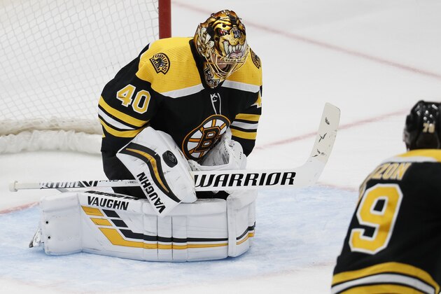 Boston Bruins goaltender Tuukka Rask (40) makes a save during the third period an NHL hockey game against the New York Islanders, Saturday, Feb. 29, 2020, in Uniondale, NY. (AP Photo/John Minchillo)