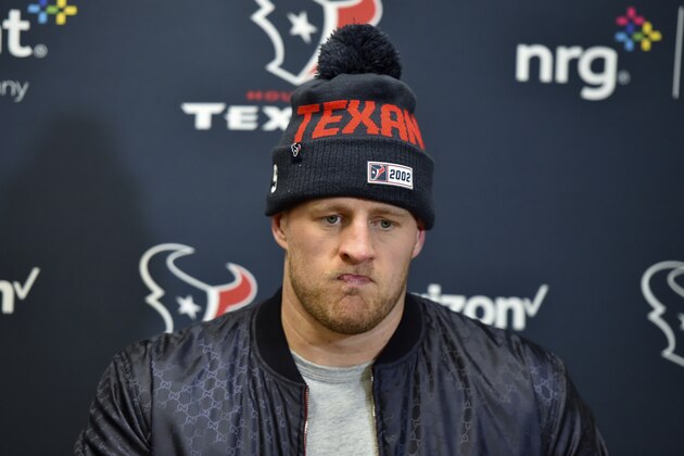 Houston Texans defensive end J.J. Watt speaks during a news conference following an NFL divisional playoff football game between the Kansas City Chiefs and the Houston Texans, in Kansas City, Mo., Sunday, Jan. 12, 2020. The Kansas City Chiefs won 51-31. (AP Photo/Ed Zurga)