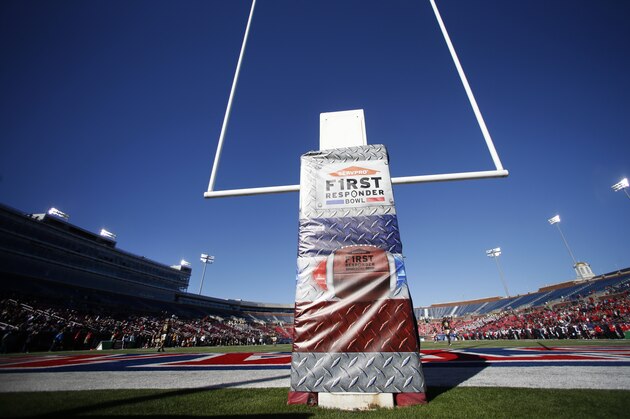 The logo is shown on the goalpost of the NCAA First Responder Bowl college football game between Western Kentucky and Western Michigan in Dallas, Monday, Dec. 30, 2019. (AP Photo/Roger Steinman)