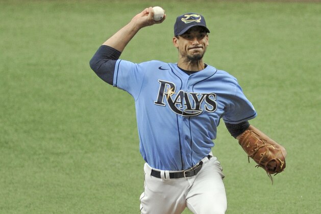 Tampa Bay Rays starter Charlie Morton pitches against the New York Yankees during the first inning of a baseball game Sunday, Aug. 9, 2020, in St. Petersburg, Fla. (AP Photo/Steve Nesius)