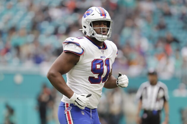 Buffalo Bills defensive tackle Ed Oliver (91) runs, during the second half at an NFL football game against the Miami Dolphins, Sunday, Nov. 17, 2019, in Miami Gardens, Fla. (AP Photo/Lynne Sladky)