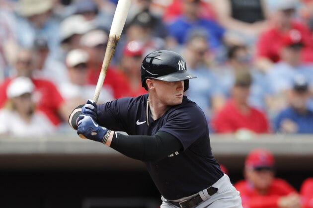 New York Yankees' Clint Frazier bats during a spring training baseball game, Monday, March 9, 2020, in Clearwater, Fla. (AP Photo/Carlos Osorio)