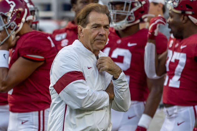 Alabama head coach Nick Saban paces during warmups before an NCAA college football game against Arkansas, Saturday, Oct. 26, 2019, in Tuscaloosa, Ala. (AP Photo/Vasha Hunt)