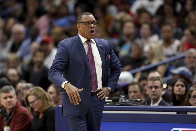 New Orleans Pelicans coach Alvin Gentry watches during the first half of the team's NBA basketball game against the Miami Heat in New Orleans, Friday, March 6, 2020. (AP Photo/Rusty Costanza)