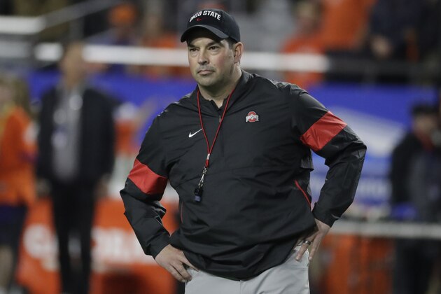 Ohio State head coach Ryan Day during the first half of the Fiesta Bowl NCAA college football game against Clemson, Saturday, Dec. 28, 2019, in Glendale, Ariz. (AP Photo/Rick Scuteri).
