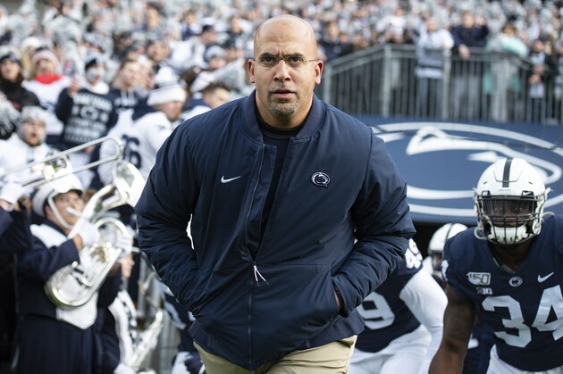 Penn State head coach James Franklin leads his team onto the field for an NCAA college football game against Rutgers in State College, Pa., on Saturday, Nov. 30, 2019. (AP Photo/Barry Reeger)