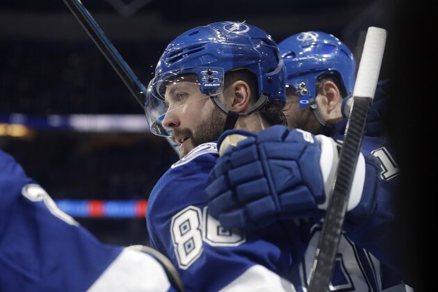 Tampa Bay Lightning right wing Nikita Kucherov (86) celebrates his goal against the Montreal Canadiens during the second period of an NHL hockey game Thursday, March 5, 2020, in Tampa, Fla. (AP Photo/Chris O'Meara) Tampa Bay Lightning right wing Nikita Kucherov (86) celebrates his goal against the Montreal Canadiens during the second period of an NHL hockey game Thursday, March 5, 2020, in Tampa, Fla. (AP Photo/Chris O'Meara)
