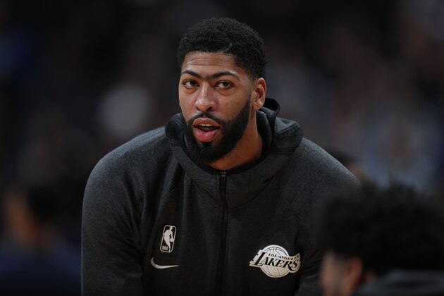 Los Angeles Lakers forward Anthony Davis (3) in the first half of an NBA basketball game Wednesday, Feb. 12, 2020, in Denver. (AP Photo/David Zalubowski)